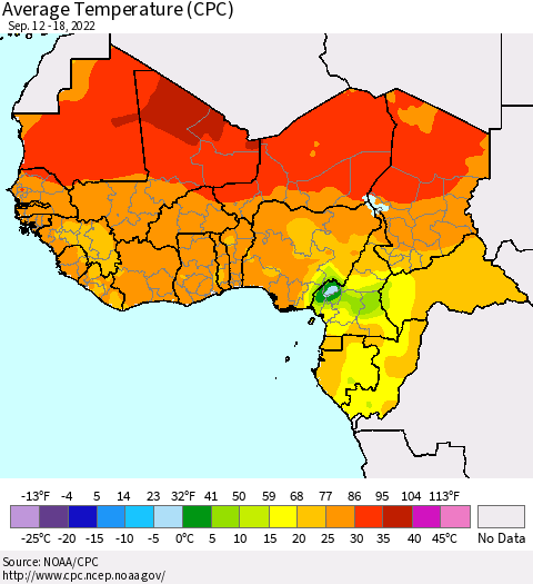 Western Africa Average Temperature (CPC) Thematic Map For 9/12/2022 - 9/18/2022