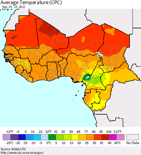 Western Africa Average Temperature (CPC) Thematic Map For 9/19/2022 - 9/25/2022