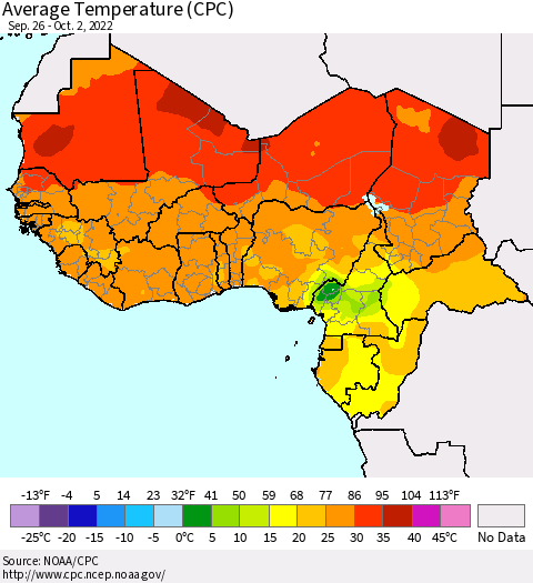 Western Africa Average Temperature (CPC) Thematic Map For 9/26/2022 - 10/2/2022