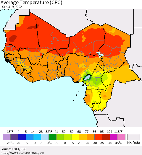 Western Africa Average Temperature (CPC) Thematic Map For 10/3/2022 - 10/9/2022