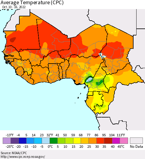 Western Africa Average Temperature (CPC) Thematic Map For 10/10/2022 - 10/16/2022