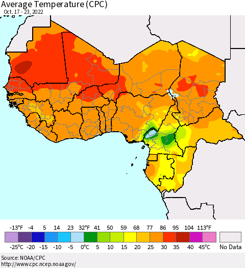 Western Africa Average Temperature (CPC) Thematic Map For 10/17/2022 - 10/23/2022