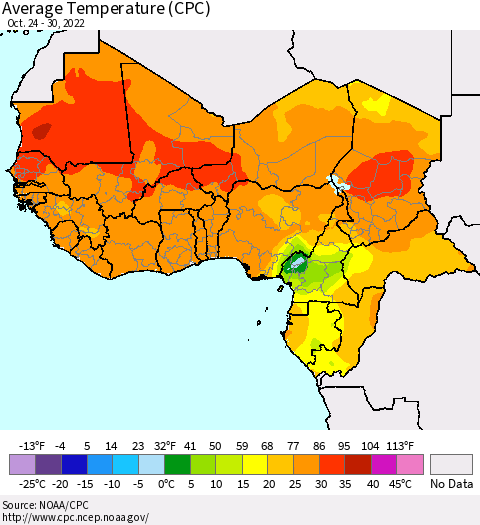Western Africa Average Temperature (CPC) Thematic Map For 10/24/2022 - 10/30/2022