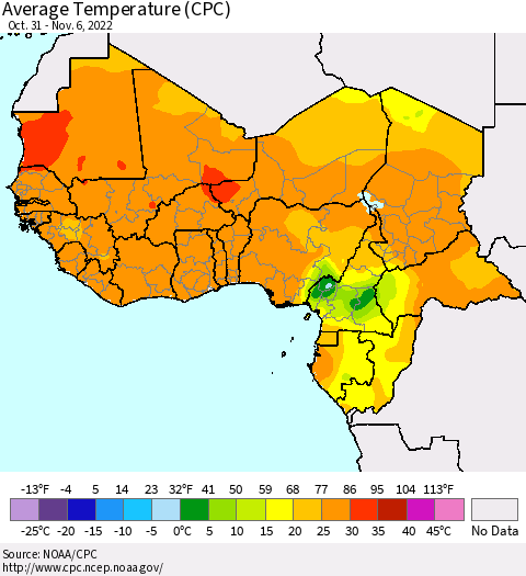 Western Africa Average Temperature (CPC) Thematic Map For 10/31/2022 - 11/6/2022