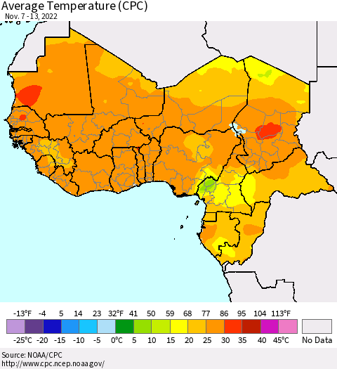 Western Africa Average Temperature (CPC) Thematic Map For 11/7/2022 - 11/13/2022
