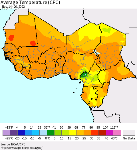 Western Africa Average Temperature (CPC) Thematic Map For 11/14/2022 - 11/20/2022