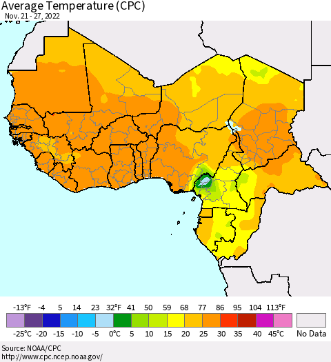 Western Africa Average Temperature (CPC) Thematic Map For 11/21/2022 - 11/27/2022