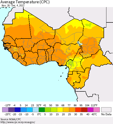 Western Africa Average Temperature (CPC) Thematic Map For 11/28/2022 - 12/4/2022