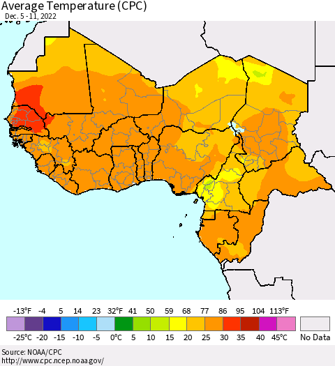 Western Africa Average Temperature (CPC) Thematic Map For 12/5/2022 - 12/11/2022