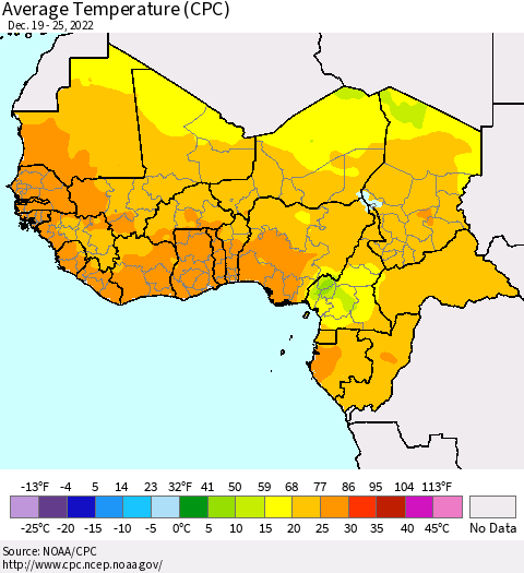 Western Africa Average Temperature (CPC) Thematic Map For 12/19/2022 - 12/25/2022