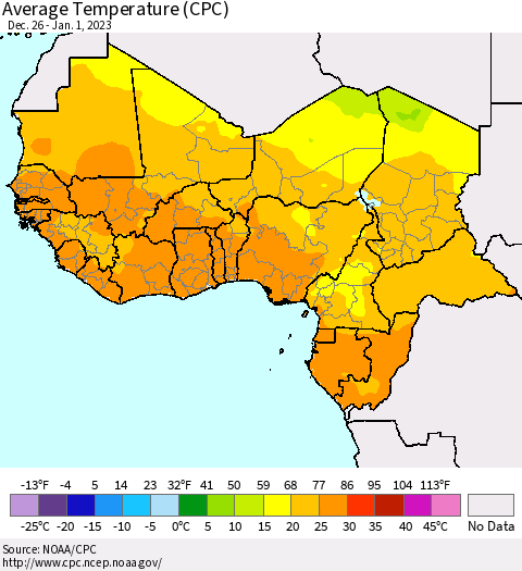 Western Africa Average Temperature (CPC) Thematic Map For 12/26/2022 - 1/1/2023