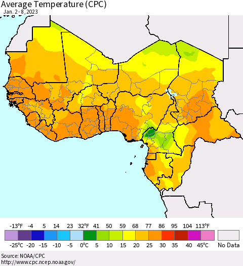 Western Africa Average Temperature (CPC) Thematic Map For 1/2/2023 - 1/8/2023