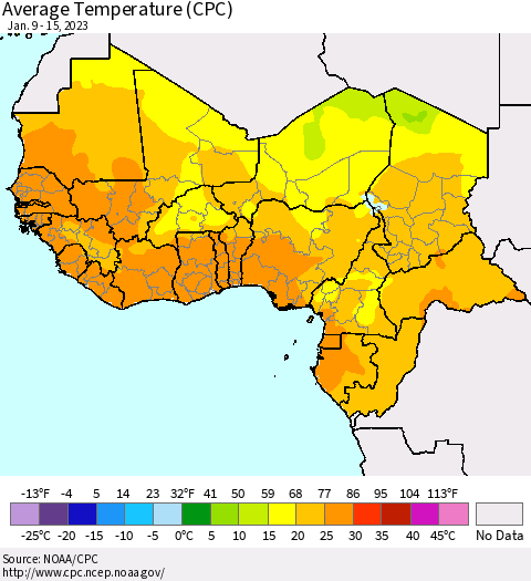 Western Africa Average Temperature (CPC) Thematic Map For 1/9/2023 - 1/15/2023