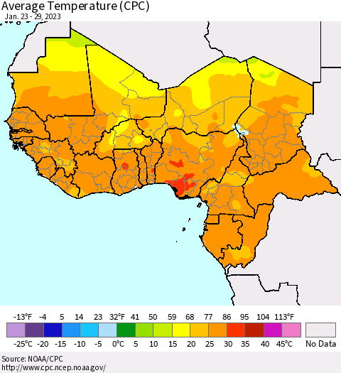 Western Africa Average Temperature (CPC) Thematic Map For 1/23/2023 - 1/29/2023