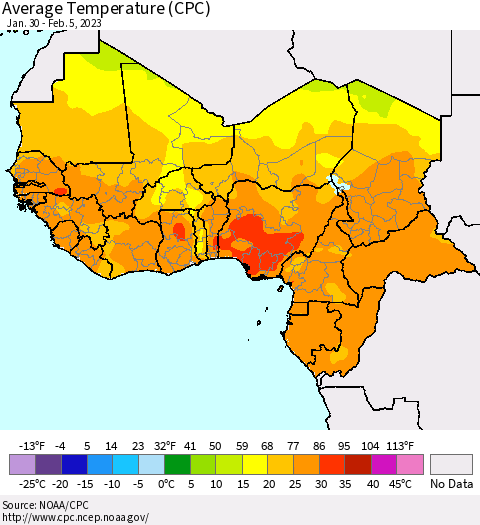 Western Africa Average Temperature (CPC) Thematic Map For 1/30/2023 - 2/5/2023