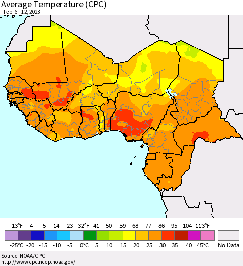 Western Africa Average Temperature (CPC) Thematic Map For 2/6/2023 - 2/12/2023