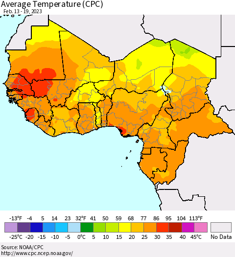 Western Africa Average Temperature (CPC) Thematic Map For 2/13/2023 - 2/19/2023