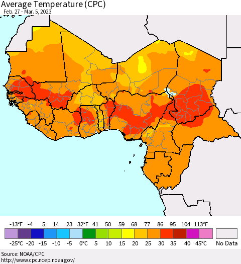 Western Africa Average Temperature (CPC) Thematic Map For 2/27/2023 - 3/5/2023