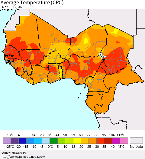 Western Africa Average Temperature (CPC) Thematic Map For 3/6/2023 - 3/12/2023