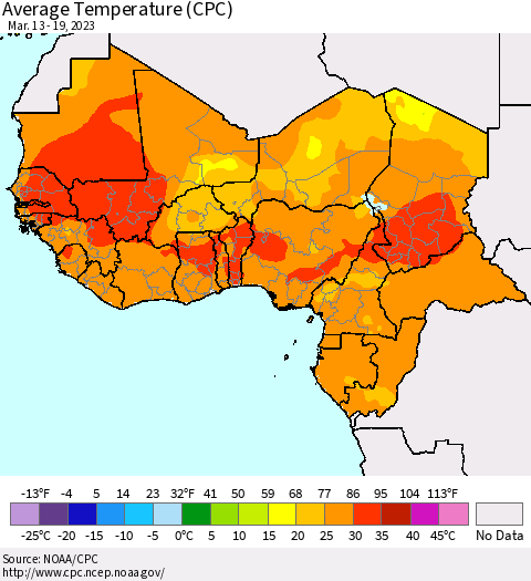 Western Africa Average Temperature (CPC) Thematic Map For 3/13/2023 - 3/19/2023