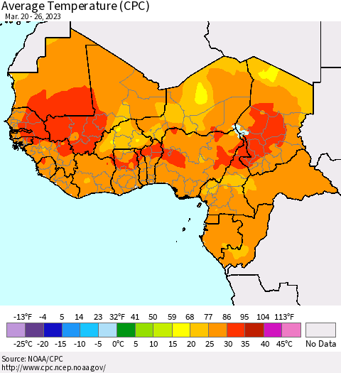 Western Africa Average Temperature (CPC) Thematic Map For 3/20/2023 - 3/26/2023