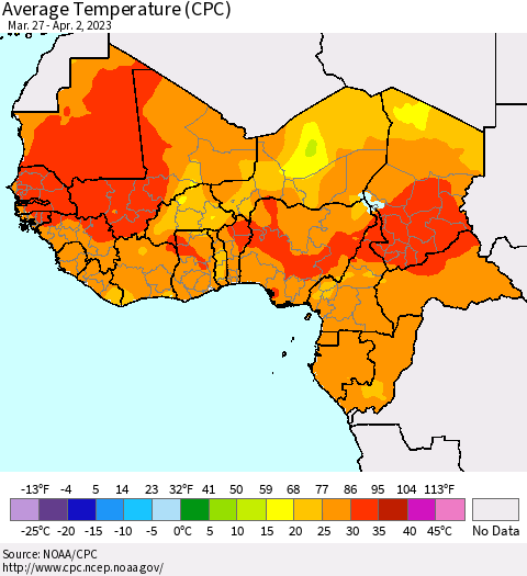 Western Africa Average Temperature (CPC) Thematic Map For 3/27/2023 - 4/2/2023