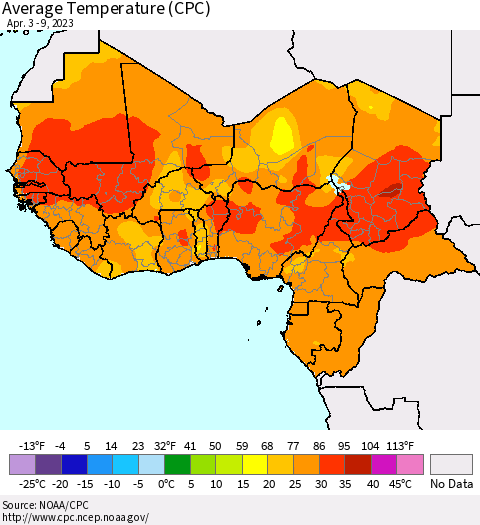 Western Africa Average Temperature (CPC) Thematic Map For 4/3/2023 - 4/9/2023