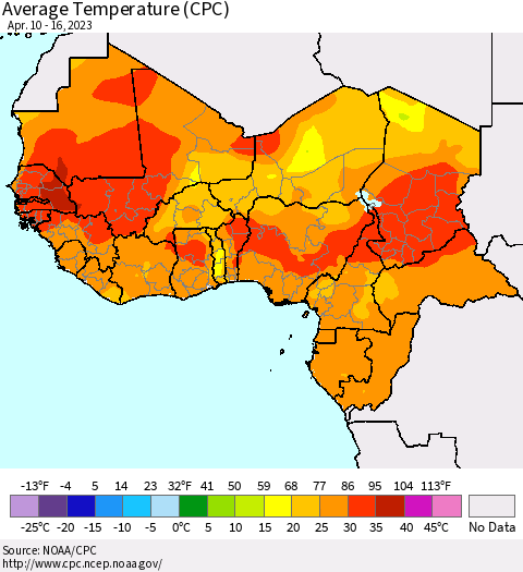 Western Africa Average Temperature (CPC) Thematic Map For 4/10/2023 - 4/16/2023