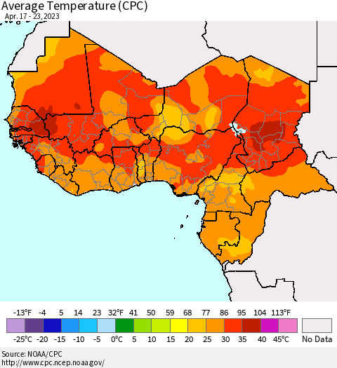 Western Africa Average Temperature (CPC) Thematic Map For 4/17/2023 - 4/23/2023