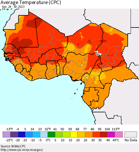 Western Africa Average Temperature (CPC) Thematic Map For 4/24/2023 - 4/30/2023