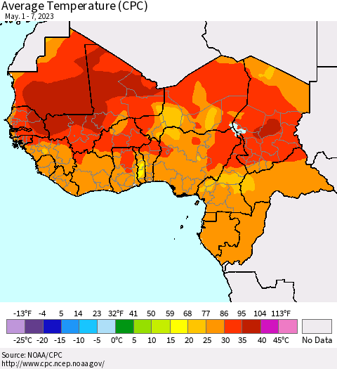Western Africa Average Temperature (CPC) Thematic Map For 5/1/2023 - 5/7/2023