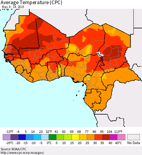 Western Africa Average Temperature (CPC) Thematic Map For 5/8/2023 - 5/14/2023