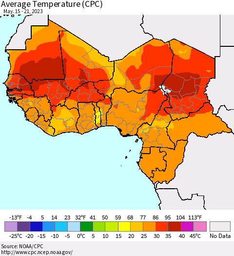 Western Africa Average Temperature (CPC) Thematic Map For 5/15/2023 - 5/21/2023