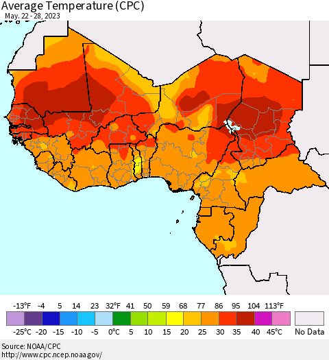 Western Africa Average Temperature (CPC) Thematic Map For 5/22/2023 - 5/28/2023