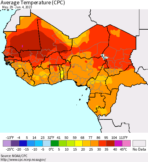 Western Africa Average Temperature (CPC) Thematic Map For 5/29/2023 - 6/4/2023