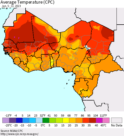 Western Africa Average Temperature (CPC) Thematic Map For 6/5/2023 - 6/11/2023