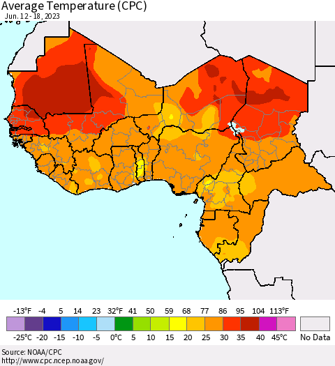 Western Africa Average Temperature (CPC) Thematic Map For 6/12/2023 - 6/18/2023