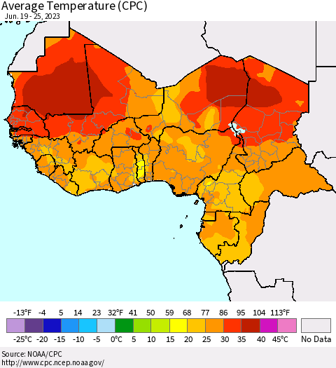 Western Africa Average Temperature (CPC) Thematic Map For 6/19/2023 - 6/25/2023