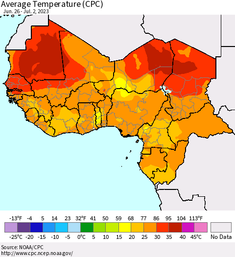 Western Africa Average Temperature (CPC) Thematic Map For 6/26/2023 - 7/2/2023