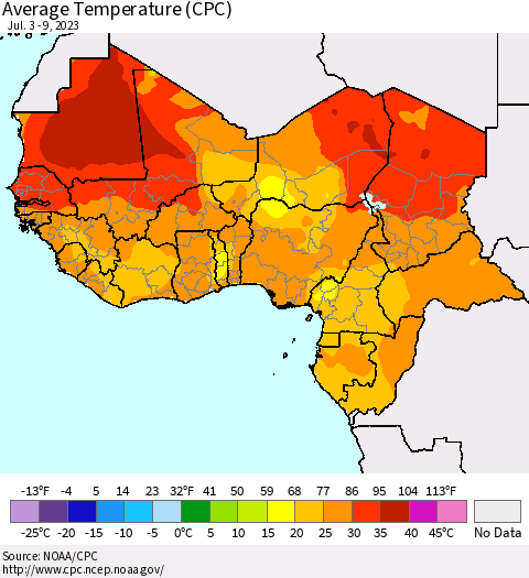 Western Africa Average Temperature (CPC) Thematic Map For 7/3/2023 - 7/9/2023