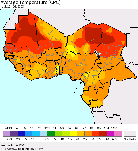 Western Africa Average Temperature (CPC) Thematic Map For 7/10/2023 - 7/16/2023