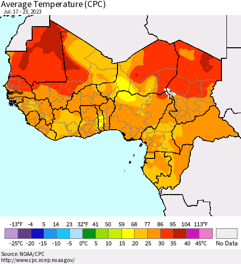 Western Africa Average Temperature (CPC) Thematic Map For 7/17/2023 - 7/23/2023