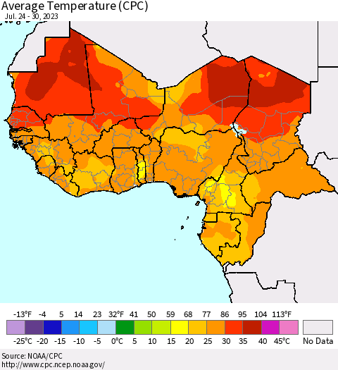 Western Africa Average Temperature (CPC) Thematic Map For 7/24/2023 - 7/30/2023