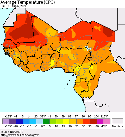 Western Africa Average Temperature (CPC) Thematic Map For 7/31/2023 - 8/6/2023