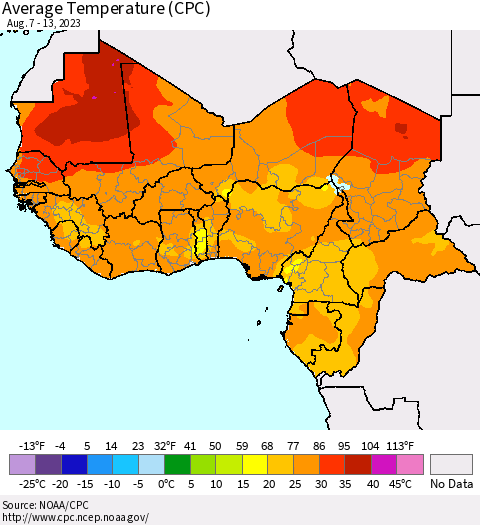 Western Africa Average Temperature (CPC) Thematic Map For 8/7/2023 - 8/13/2023