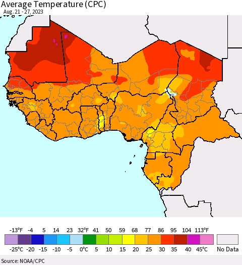 Western Africa Average Temperature (CPC) Thematic Map For 8/21/2023 - 8/27/2023