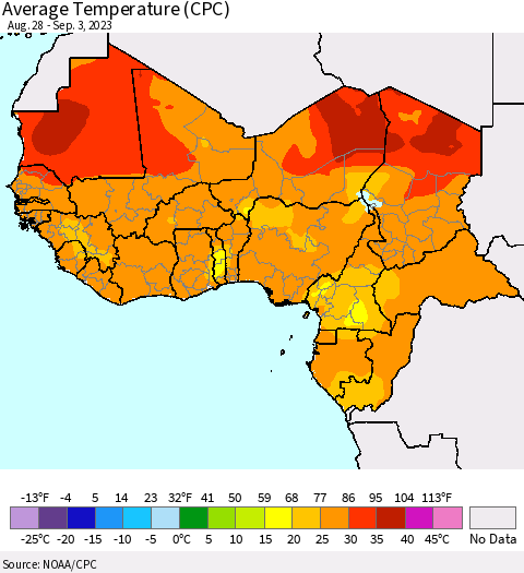 Western Africa Average Temperature (CPC) Thematic Map For 8/28/2023 - 9/3/2023