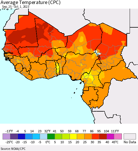 Western Africa Average Temperature (CPC) Thematic Map For 9/25/2023 - 10/1/2023