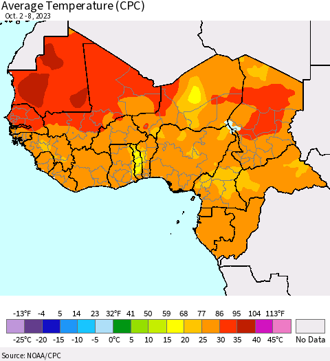 Western Africa Average Temperature (CPC) Thematic Map For 10/2/2023 - 10/8/2023