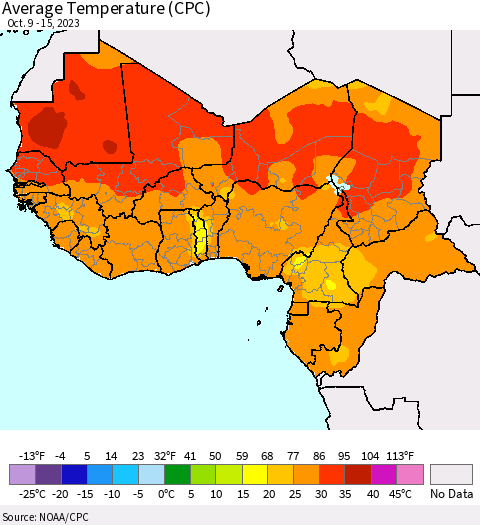 Western Africa Average Temperature (CPC) Thematic Map For 10/9/2023 - 10/15/2023